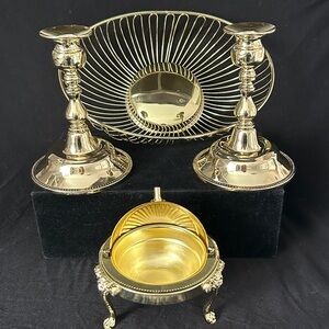VTG Victorian Style Server Ware Gold Tone Candle Sticks Bread Basket Butter Dish